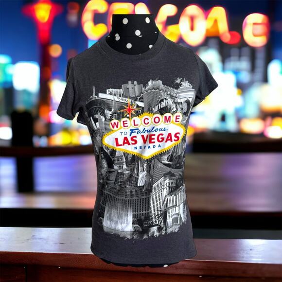 5/$35   Welcome to Fabulous Las Vegas Nevada Tee Sz S Kitsch Sign Gray Fitted - Picture 1 of 7